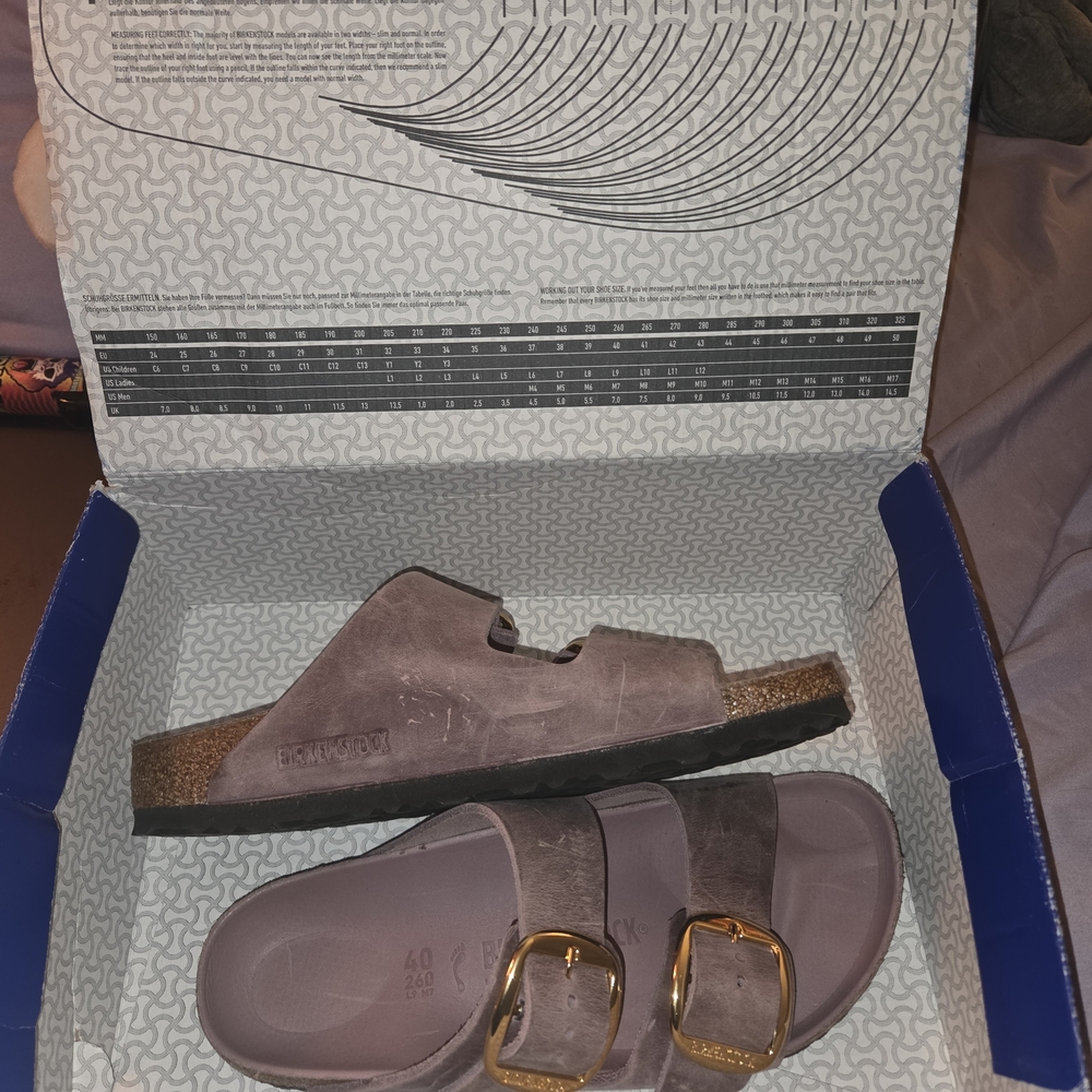 Birkenstock Men’s Arizona Suede Sandals in Taupe with Gold Buckles
